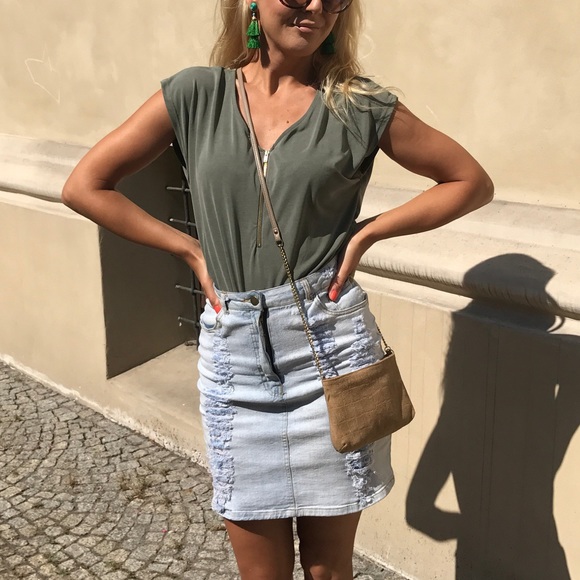 36•5 Dresses & Skirts - ARRIVED‼️Distressed Light Denim Jean Skirt 💙